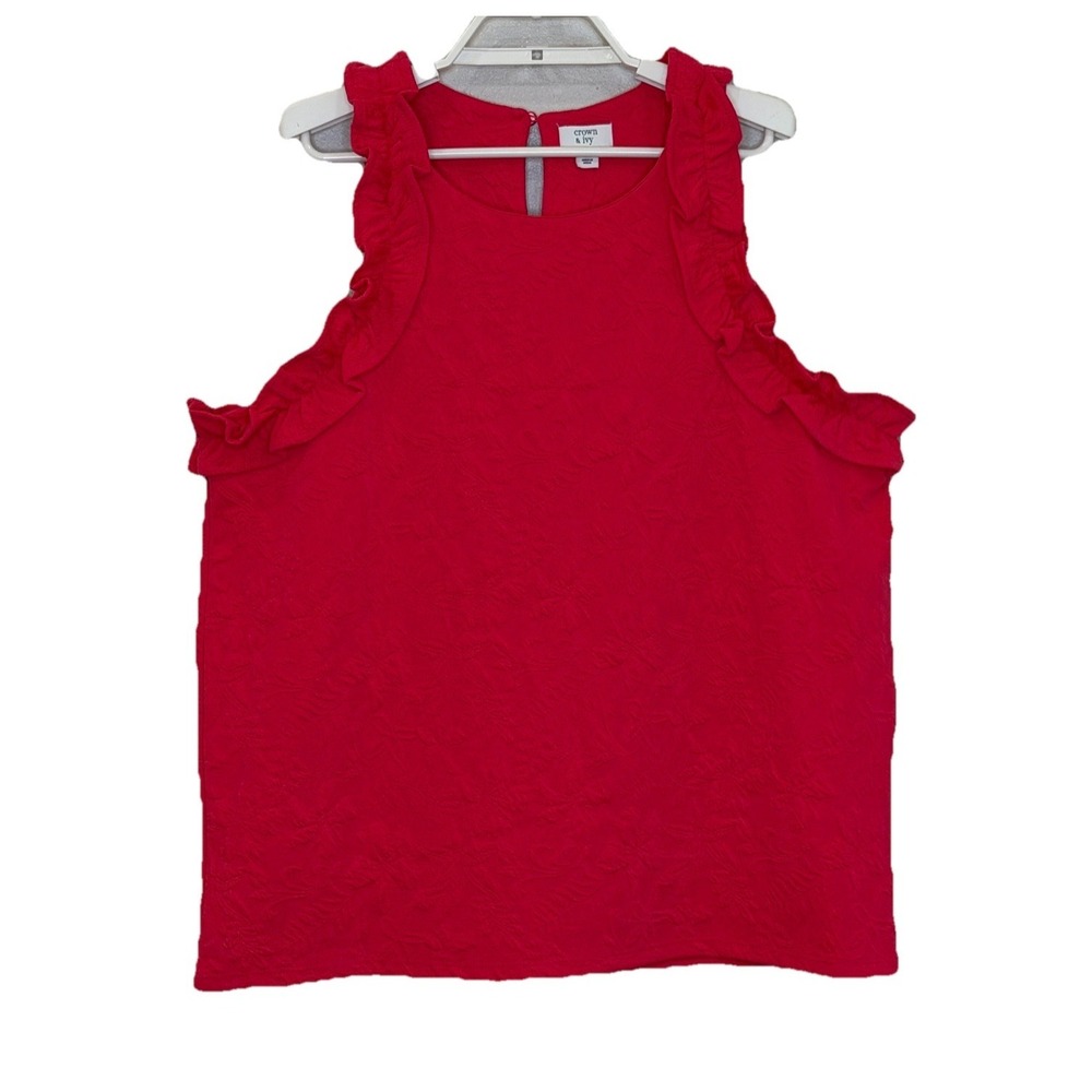 Crown & Ivy Top Womens Size XL Red Embossed Sleeveless w/ Ruffle Round Neck